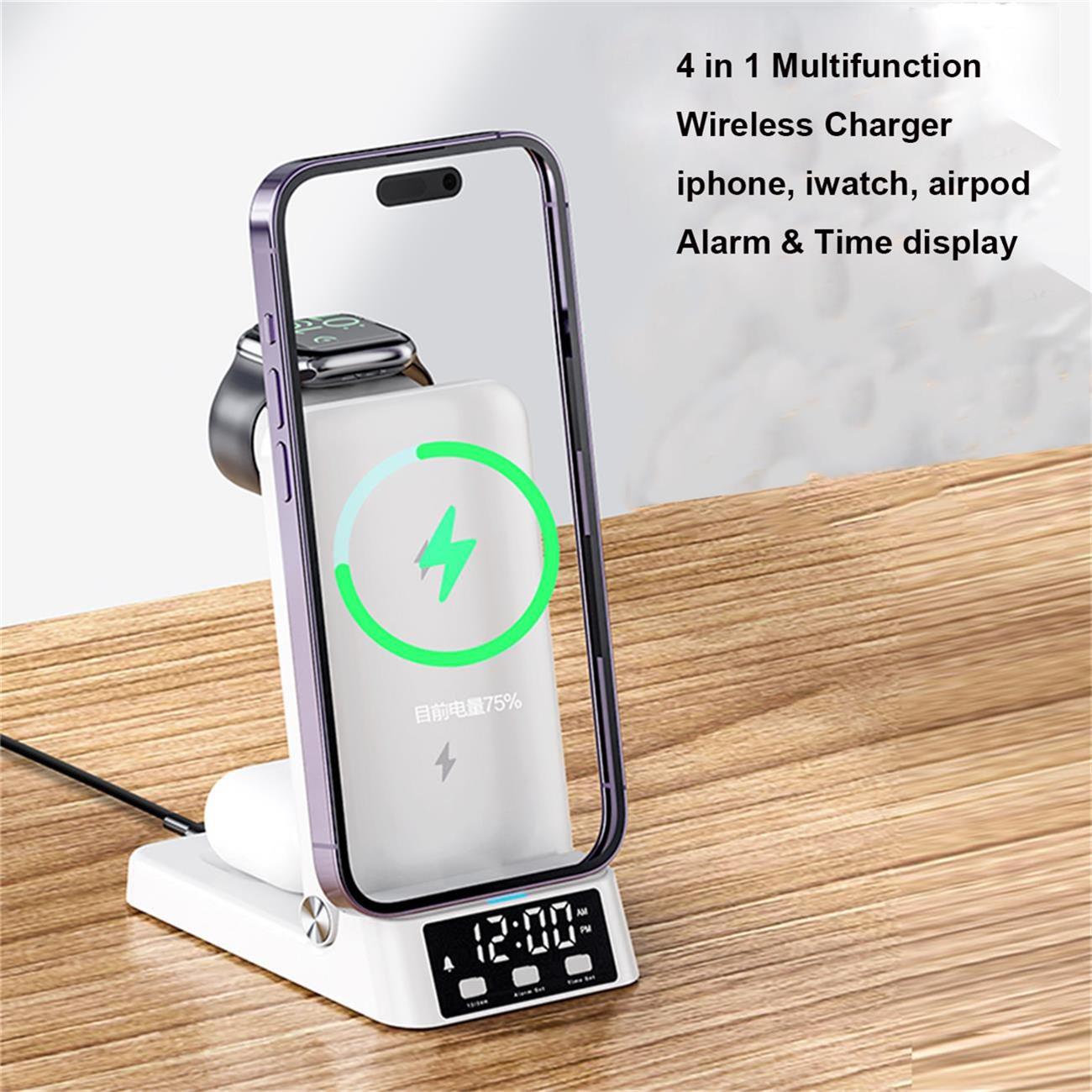 Multifunctional Wireless Charger Foldable 4 In 1 With Alarm For Smart Phone Watch Earphone