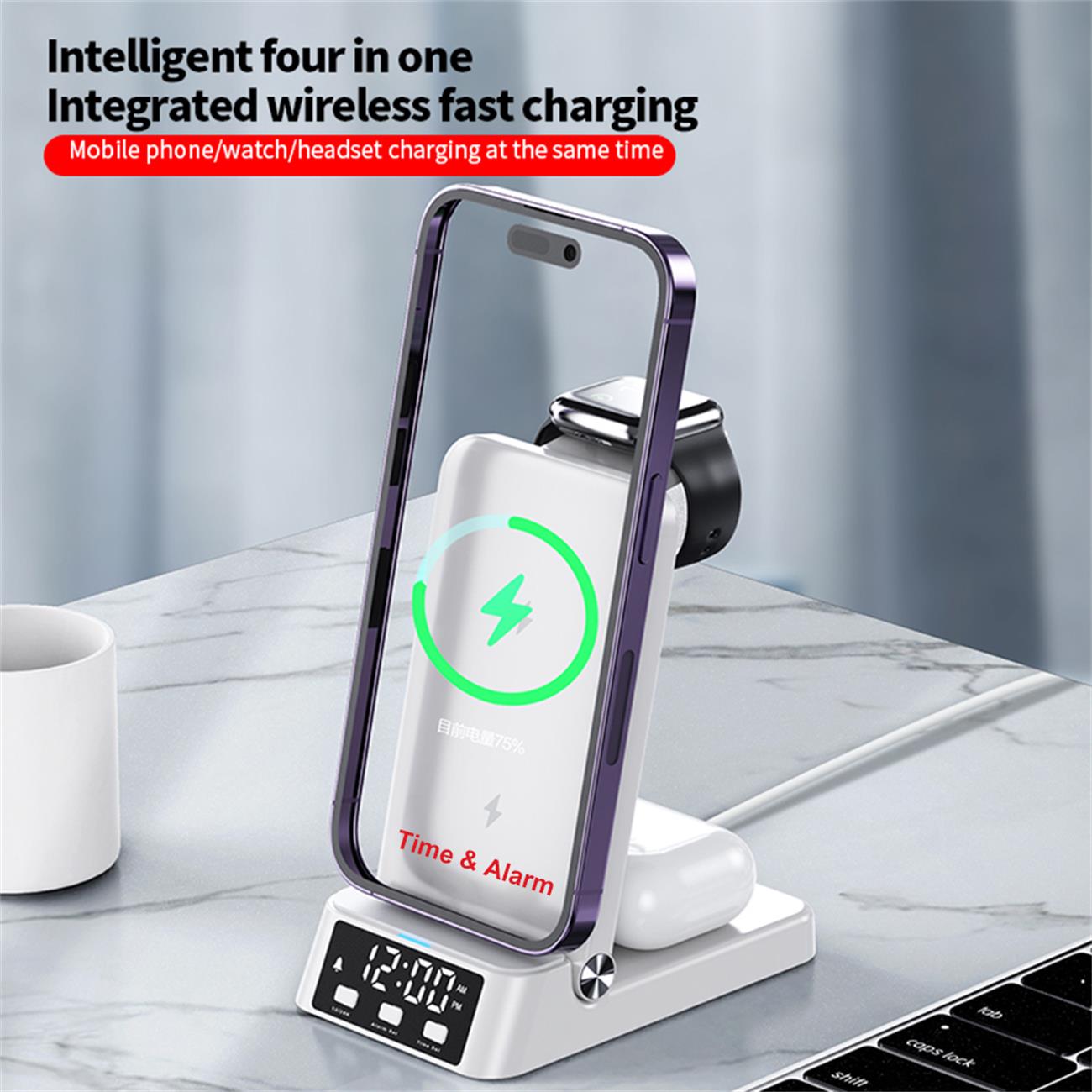 Multifunctional Wireless Charger Foldable 4 In 1 With Alarm For Smart Phone Watch Earphone