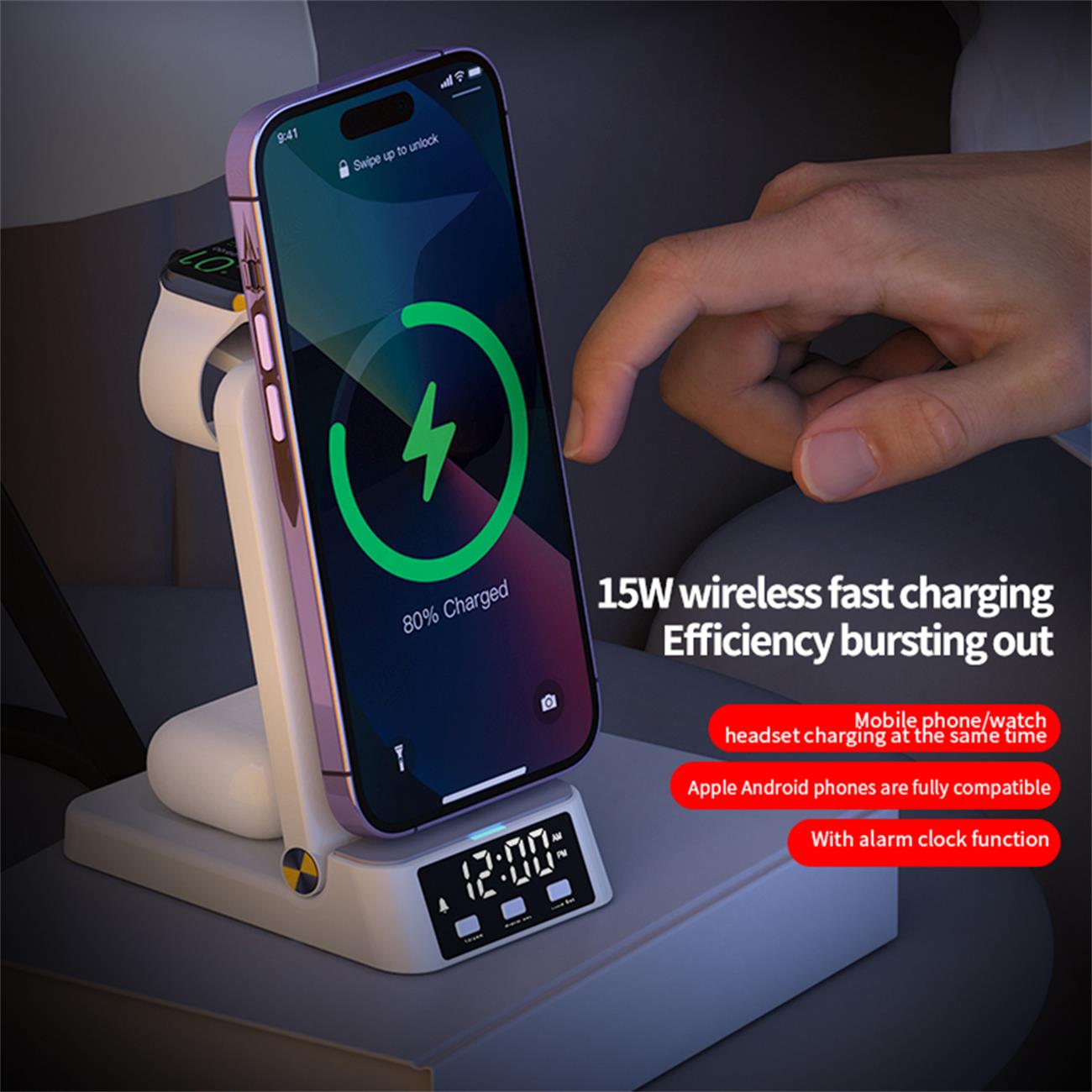 Multifunctional Wireless Charger Foldable 4 In 1 With Alarm For Smart Phone Watch Earphone