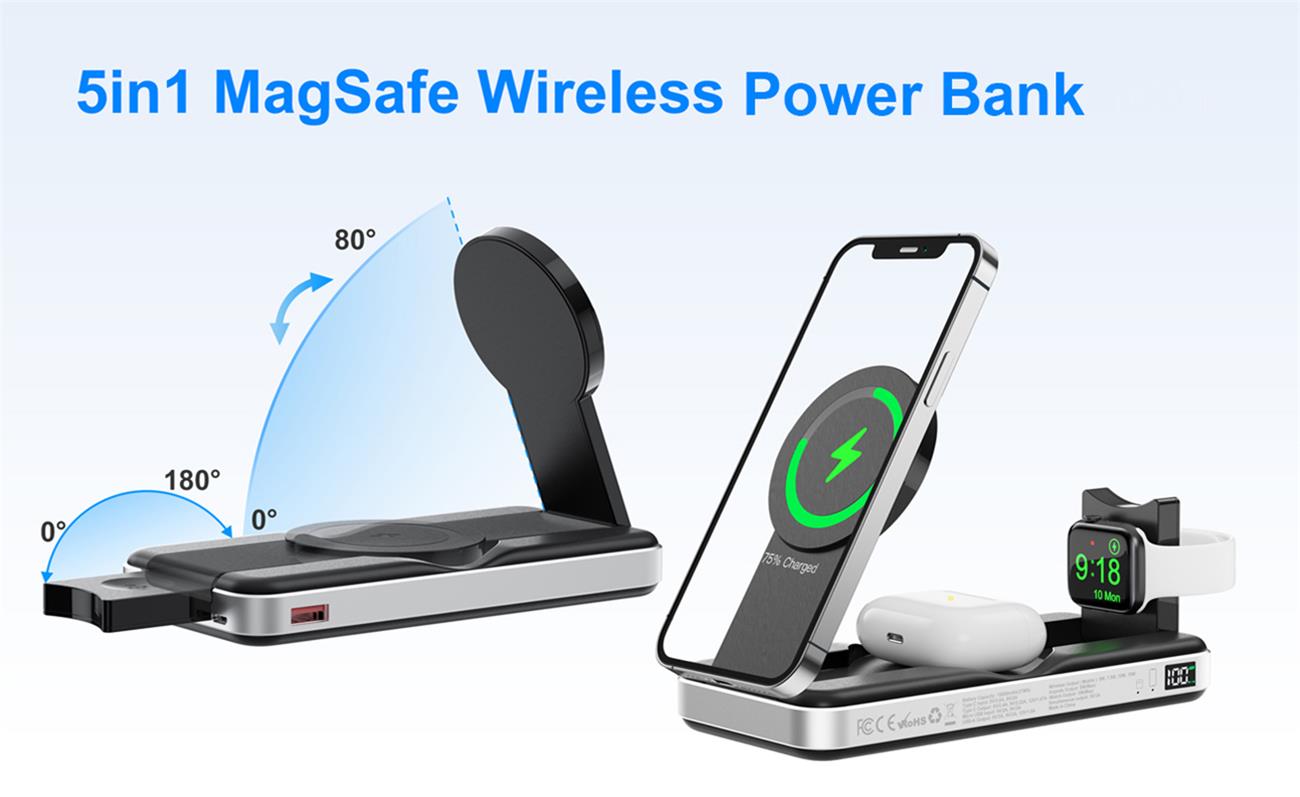 Magnetic Wireless Power Bank 10000 mAh 5 In 1 Multifunction For Iphone Iwatch Airpod