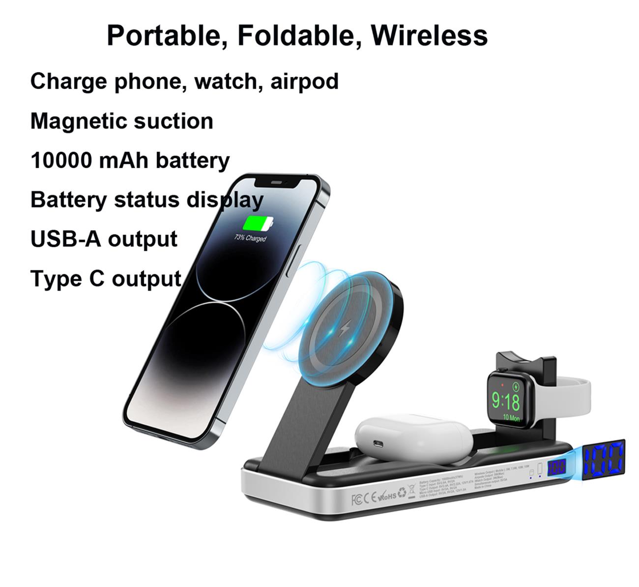 Magnetic Wireless Power Bank 10000 mAh 5 In 1 Multifunction For Iphone Iwatch Airpod