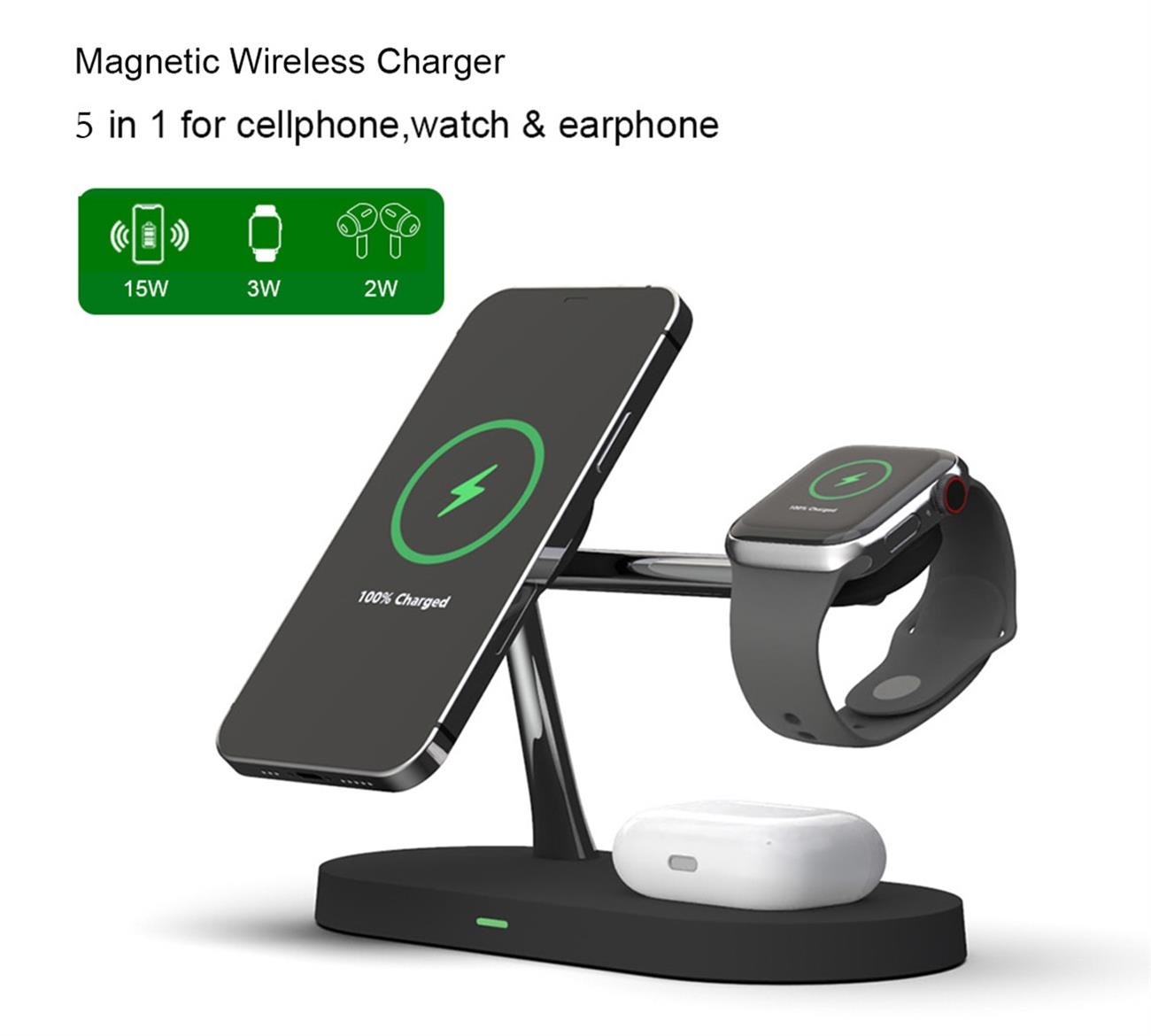 Magnetic Wireless Charger 5 In 1 Multifunction 15w Fast Charge For iPhone, iWatch, Airpod