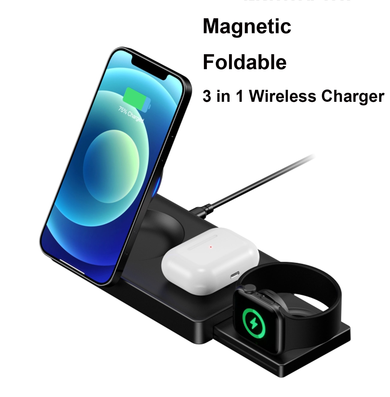 Magnetic Wireless Charger Foldable 3 In 1 Multifunction For Iphone, Iwatch, Airpod