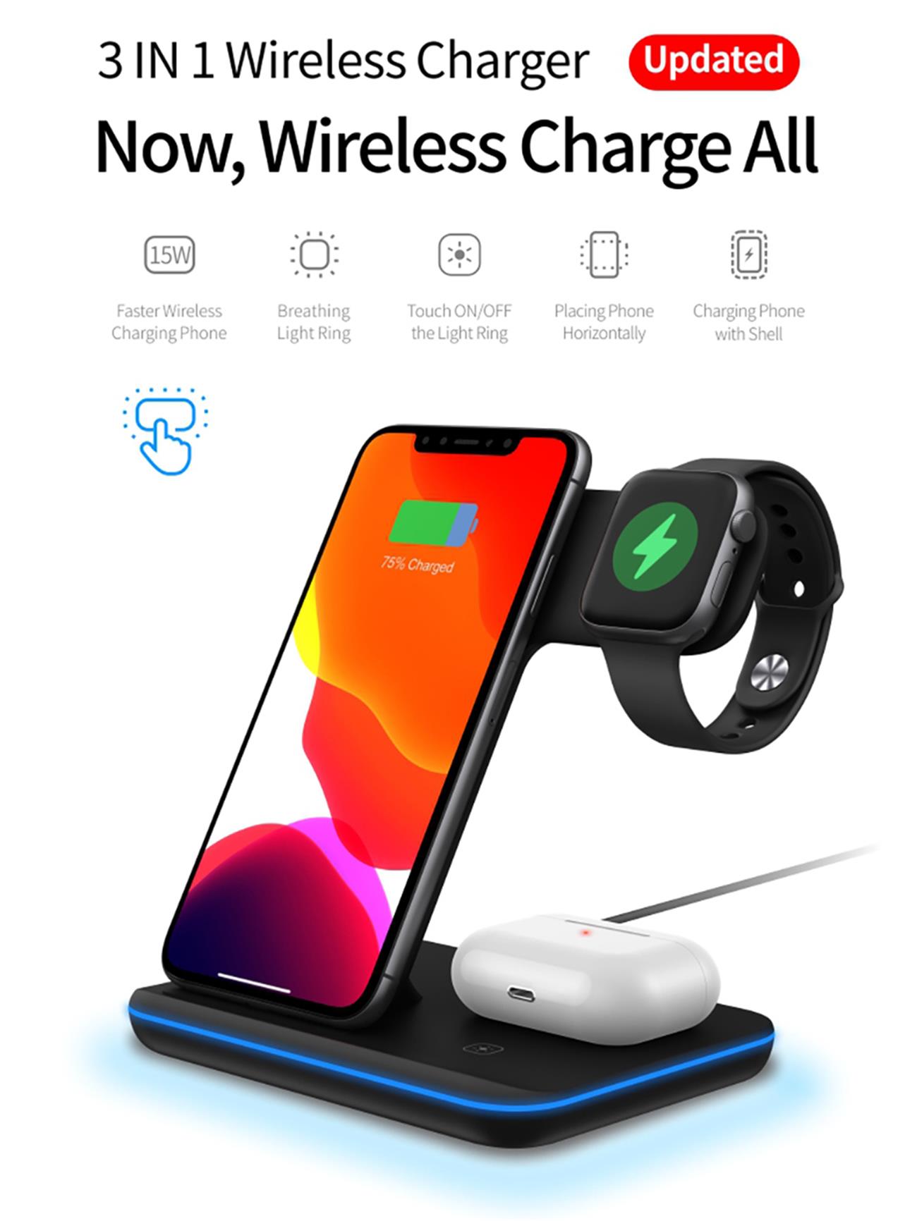 Multifunctional Wireless Charger 3 In 1 For Smart Phone Watch Earphone