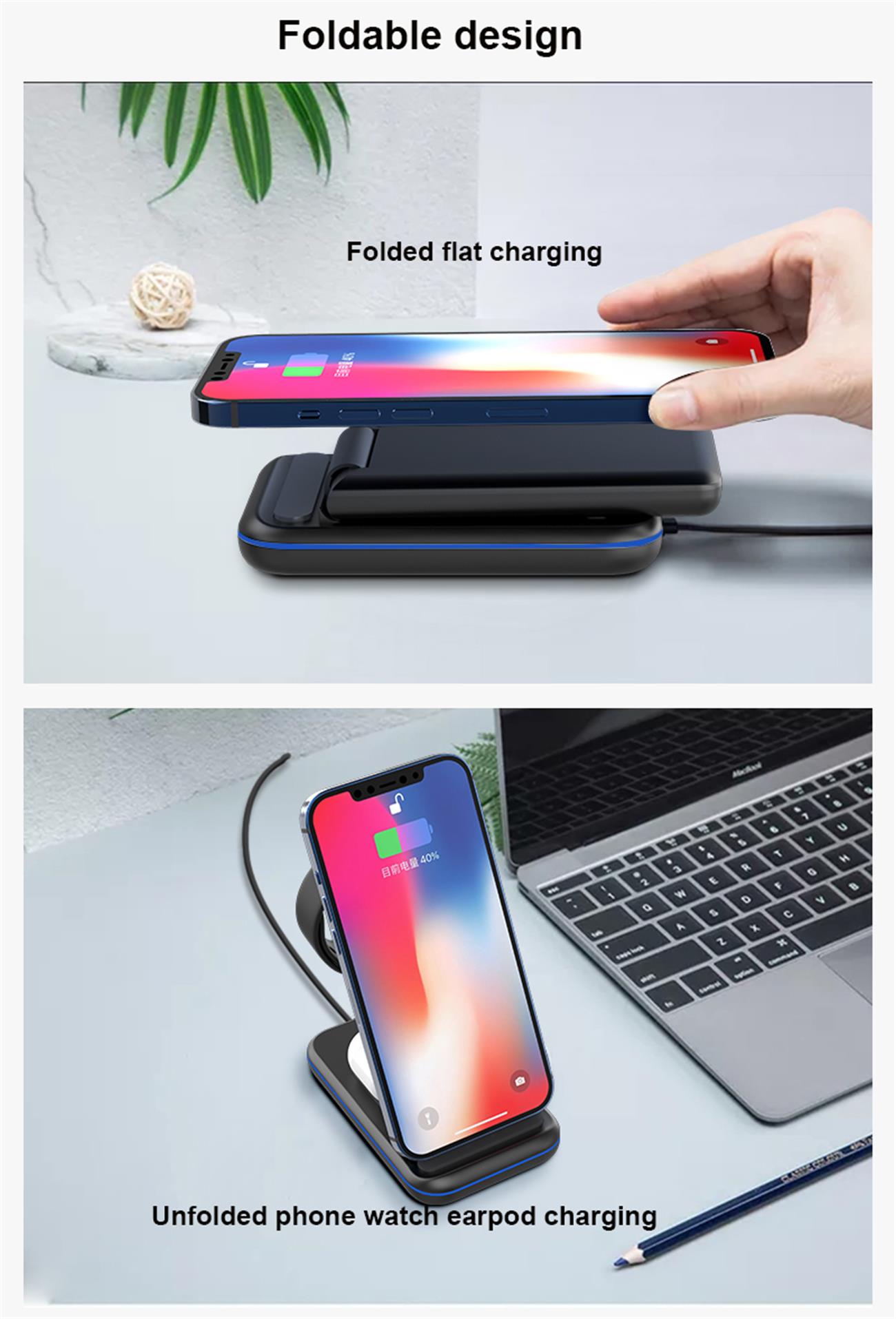 Multifunctional Wireless Charger Foldable 3 In 1 For Smart Phone Watch Earphone