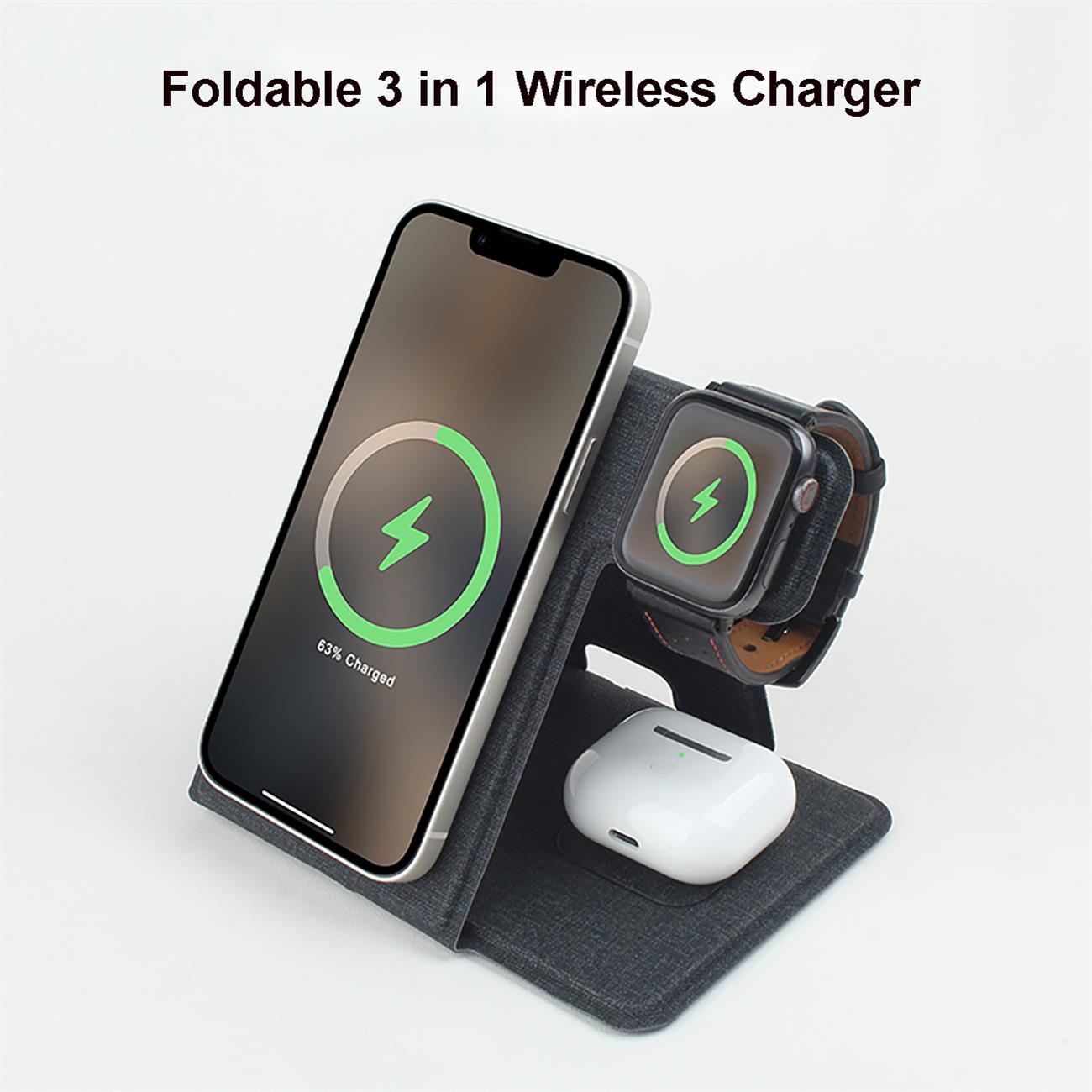 Magnetic Fabric Wireless Charger Foldable 3 In 1 For Apple And Samsung Phone Watch Earpod