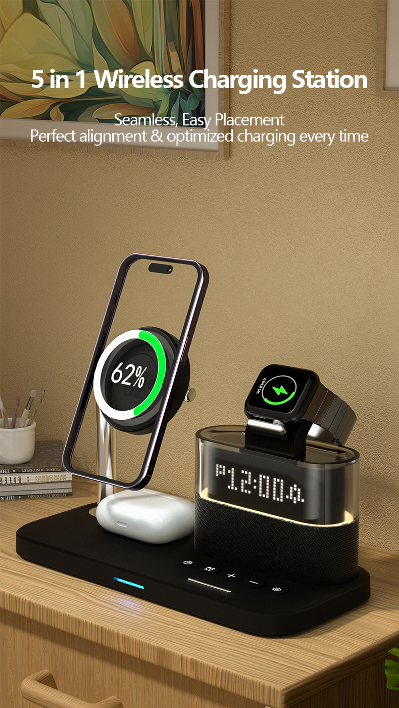 Qi2 Magnetic Wireless Charger 5 In 1 With Led Alarm Time Display