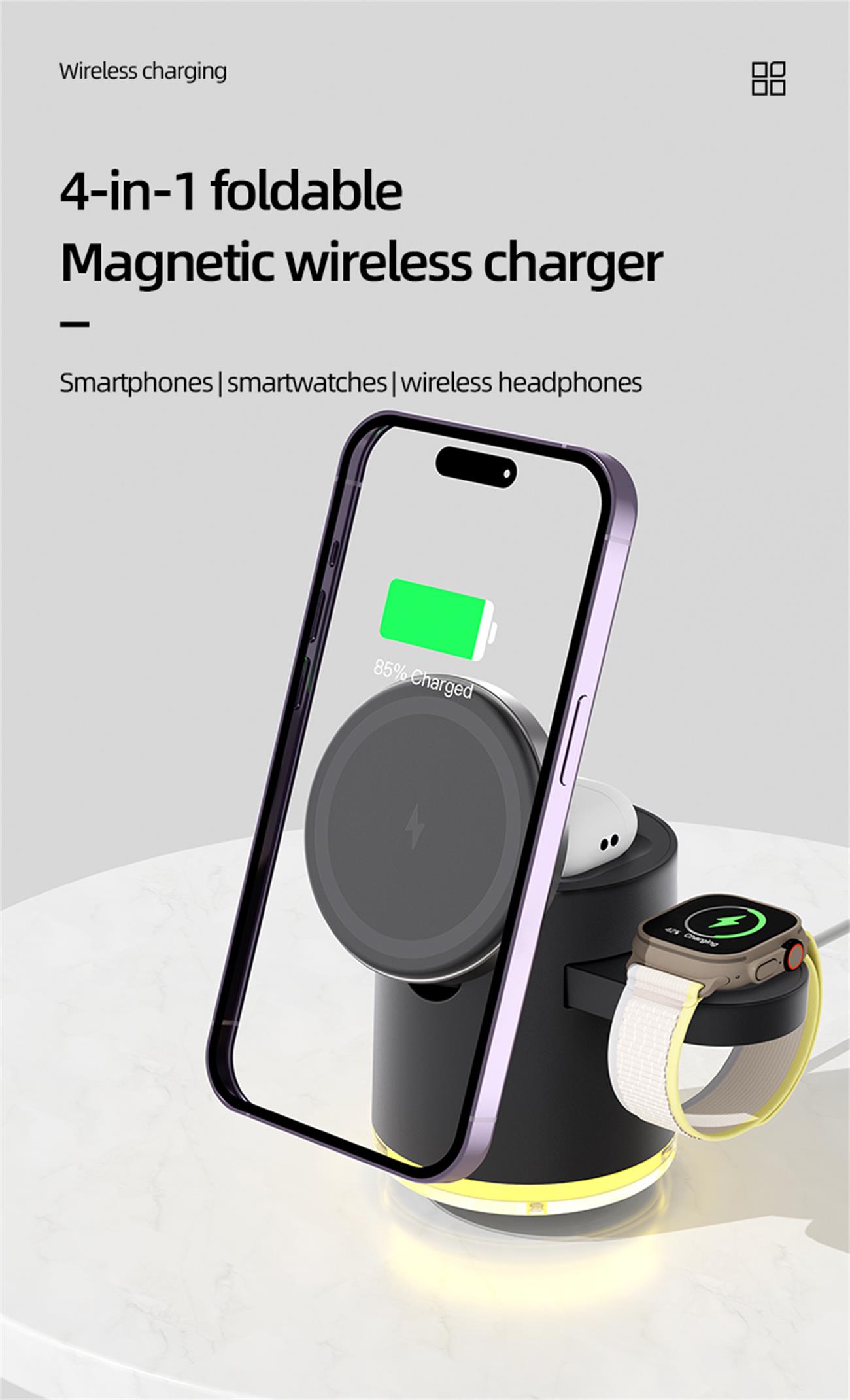 Qi2 Magnetic Wireless Charger Foldable 4 In 1 For Iphone Apple Watch Airpod