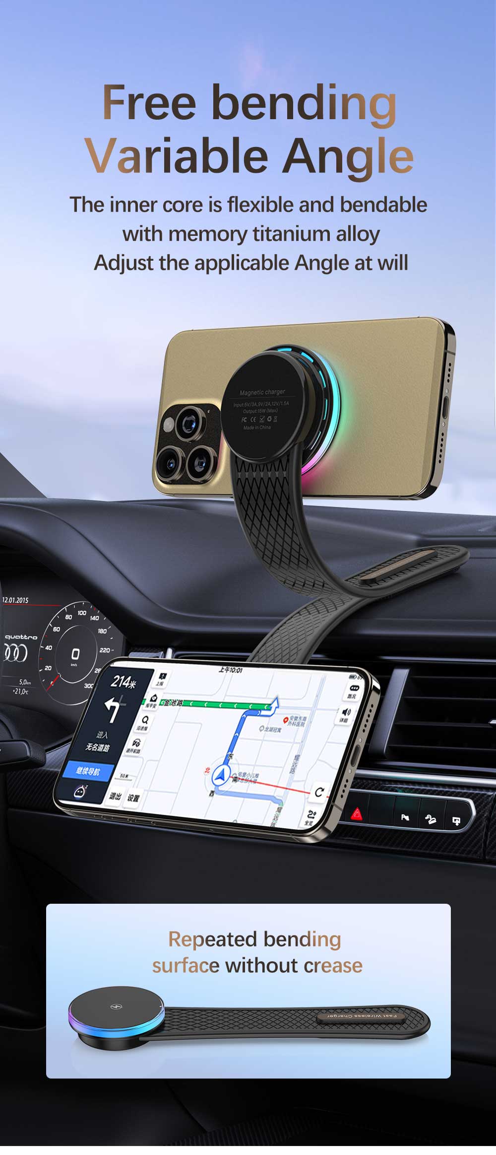 Qi2 Magnetic Wireless Car Charger Bendable Holder