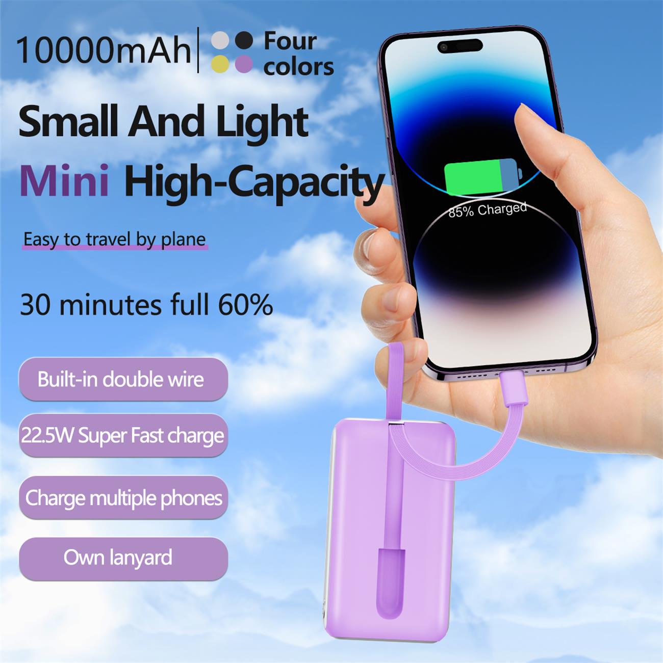 10000 Mah Power Bank  With Built-in Type C Lightning Cable