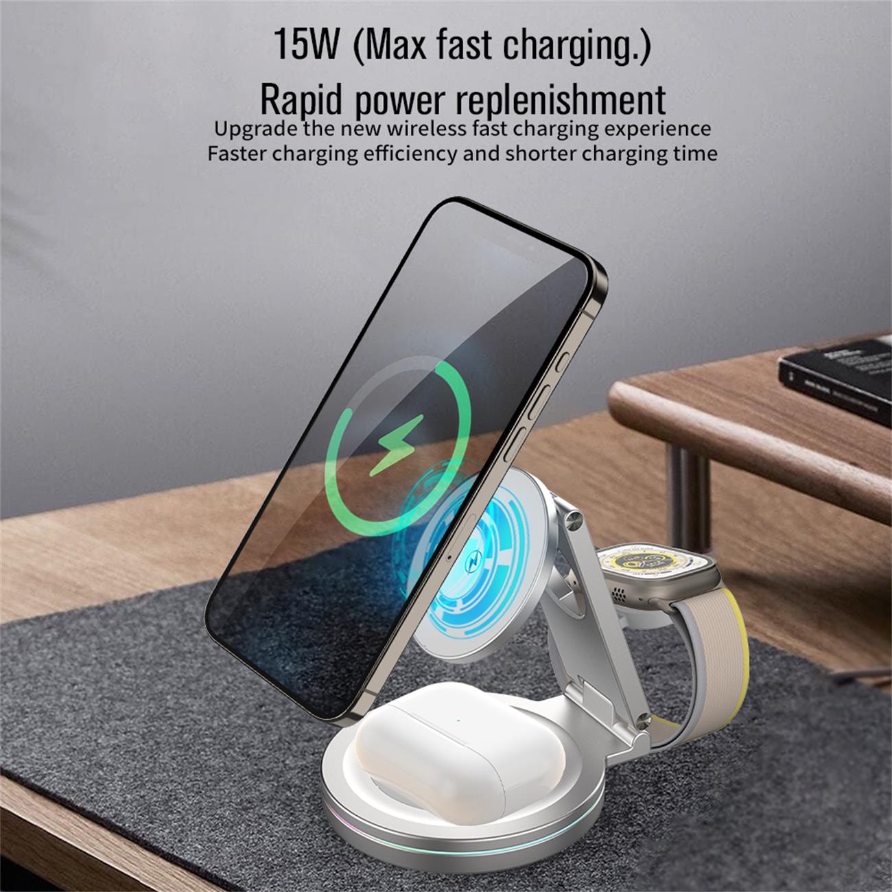 Qi2 Magnetic Wireless Charger Foldable 3 In 1 For Iphone Apple Watch Airpod