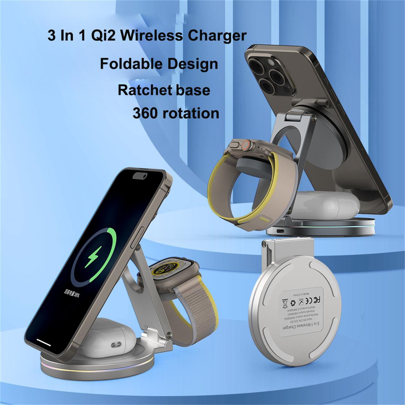 Qi2 Magnetic Wireless Charger Foldable 3 In 1 For Iphone Apple Watch Airpod