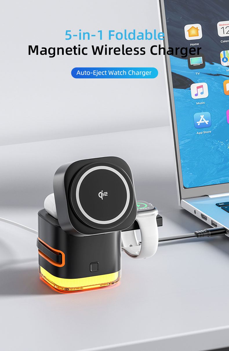 Qi2.2 Auto-sensor Gesture Rotation Magnetic Wireless Charger 5in 1