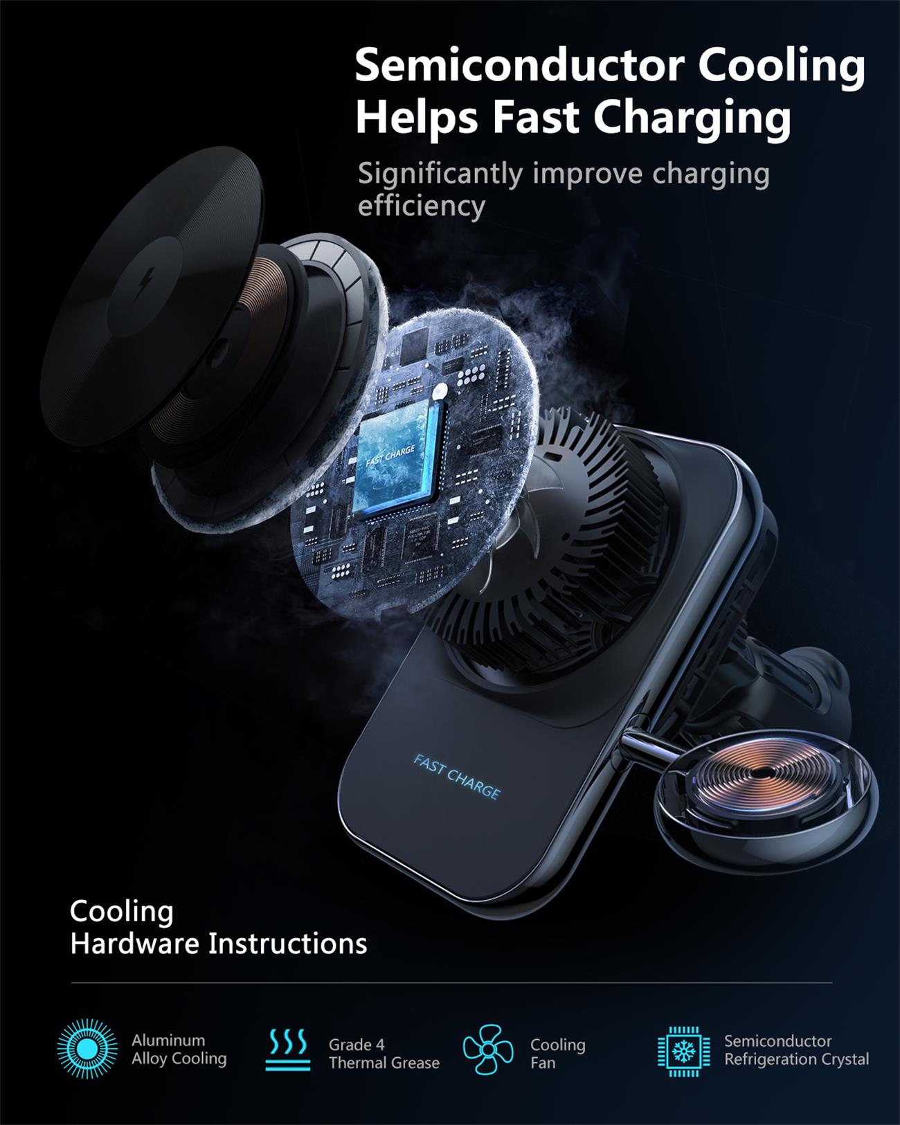 Semi-conductor cooling Magnetic Wireless Car Charger 2 In 1