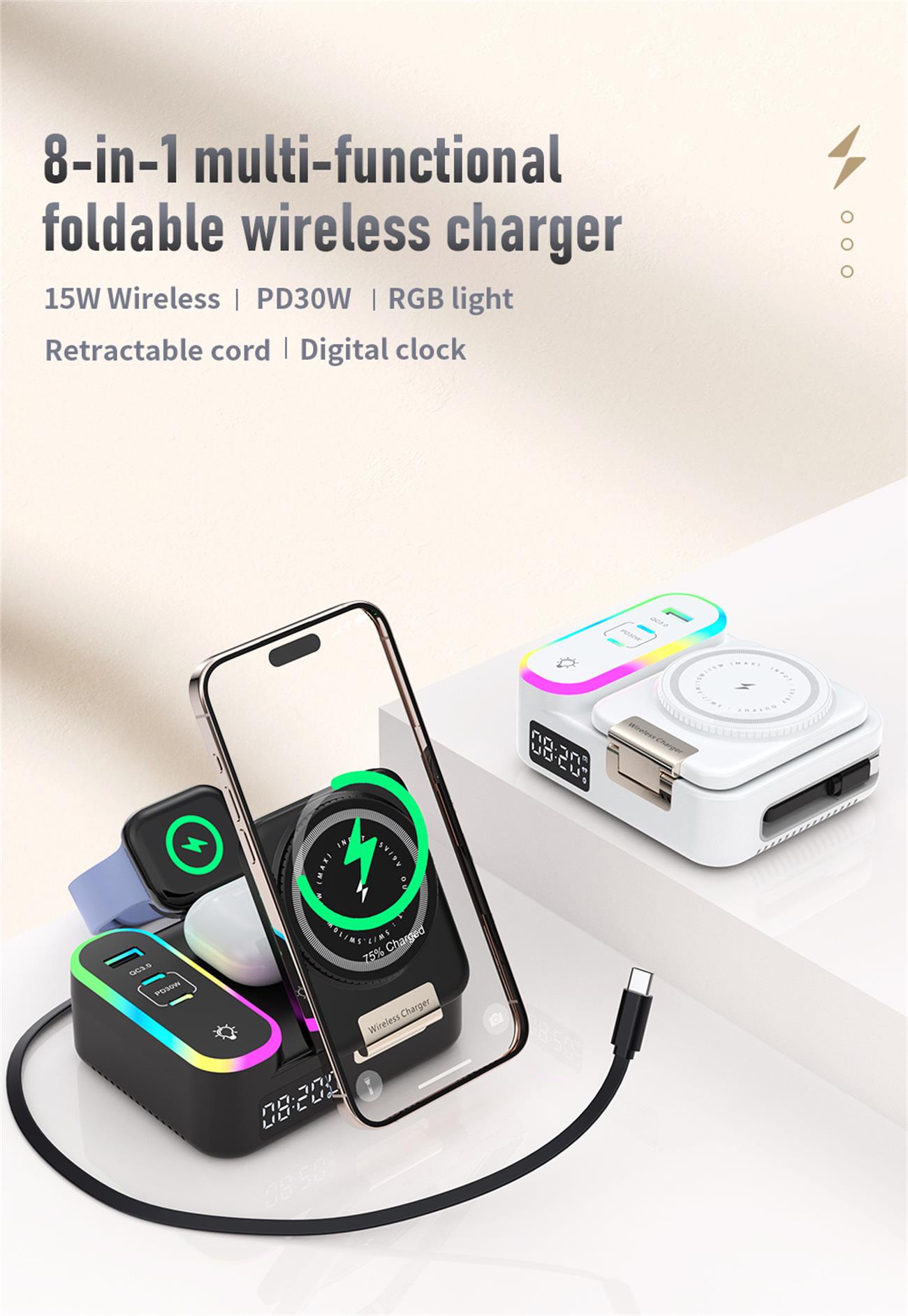 Multifunctional Wireless Charger Foldable 8 In 1 With Display